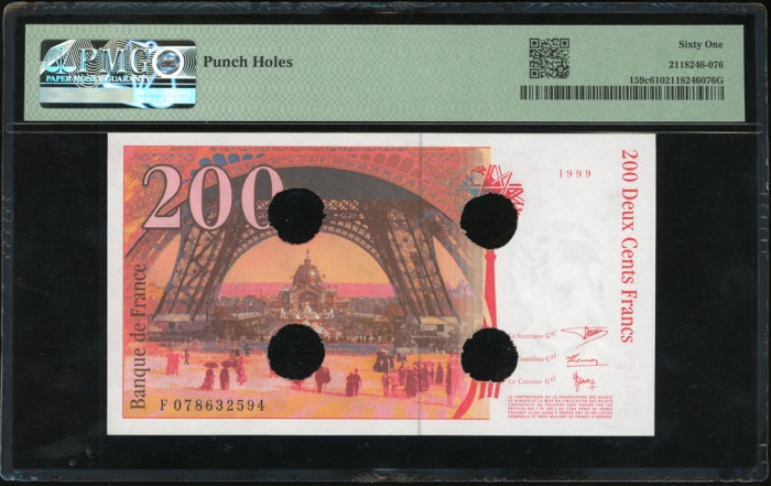  1999年法国贰佰法郎，编号F078632594，打洞註销，PMG61，少见 France, 200 francs, 1999, serial number F 078632594, cancelle
