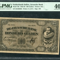  1928年荷属东印度爪哇银行一佰盾，PMG40EPQ 有盖章 De Javasche Bank, Netherlands Indies, 100 gulden, 8 February 1928, se