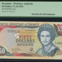 1992年百慕达伍拾圆，编号C/1 000112，Ruth W. Hill旧藏，PCGS Currency 65PPQ Bermuda, Monetary Authority, 50 dollars,