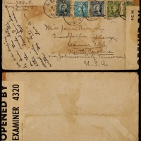  1941年江苏淮阴寄美国检查封，西式封贴孙中山像香港版50分一枚、5分两枚、伦敦版孙像20分及烈士像20分各一枚