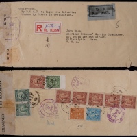  1944年云南曲靖寄美国航挂检查封，背贴孙中山像中信版1元30分各一枚，百城版无齿20元两枚及10元六枚、香港版烈士像20分一枚