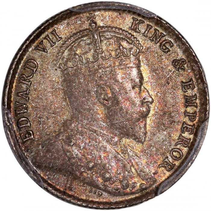  香港爱德华七世钱币一组5枚，包括1903，1904，1905年五仙，1904年一毫，及1902年二毫，分别评PCGS MS62，MS64，MS65，AU55及AU Detail (有清洗)，#4648