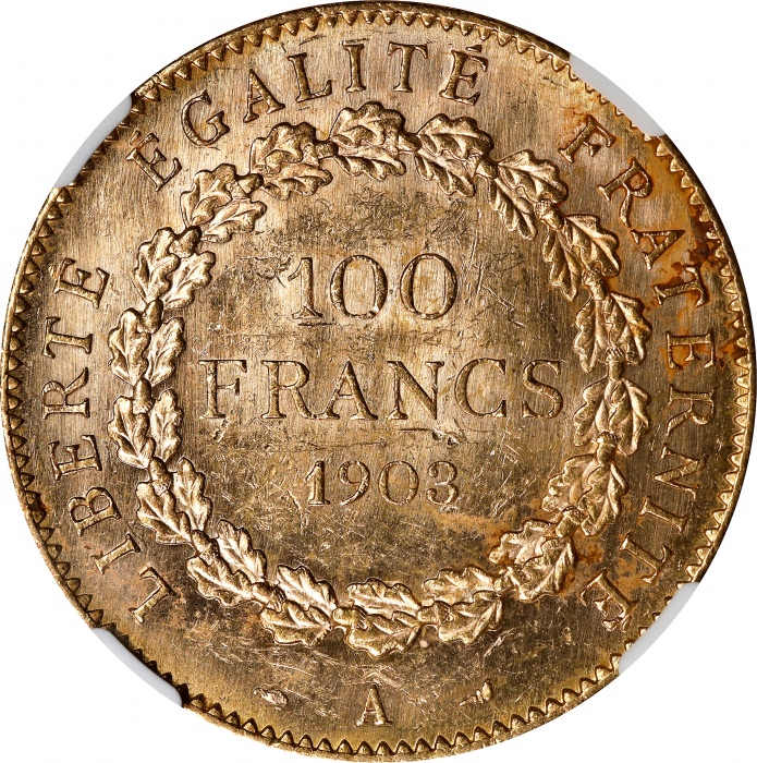  1930年法国100法郎金币 NGC MS 60 FRANCE. 100 Francs