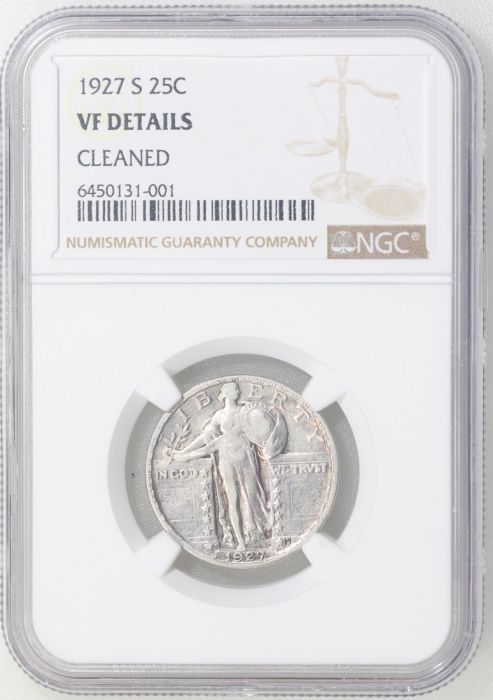  1927年美国25仙银币，NGC VF Details有清洗，#6450131-001 United States, silver 25 cents, "Standing Liberty Quarte