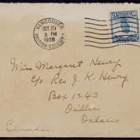  1928年中国寄加拿大船邮封，贴北京二版帆船10分一枚