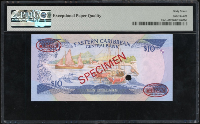  1985-83年东加勒比拾圆样票，编号A000000A，PMG67EPQ Eastern Caribbean Central Bank, specimen $10, ND (1985-93), ser