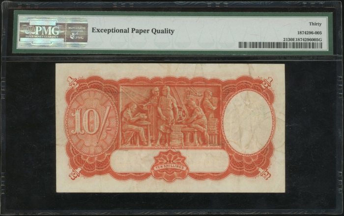  1936-39年澳大利亚拾先令，编号D/74 240879，PMG30EPQ Commonwealth of Australia, 10 shillings, ND(1936-39), serial 