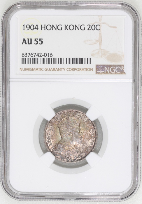  1904年香港2毫，带均匀包浆，NGC AU55，#6376742-016 Hong Kong, silver 20 cents, 1904, Edward VII on obverse, evenl