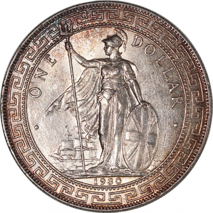  1930英国贸易银元2枚一组，带包浆及原光，AU至UNC Great Britain, a pair of silver $1, 1930, Trade dollar, toned, with ori