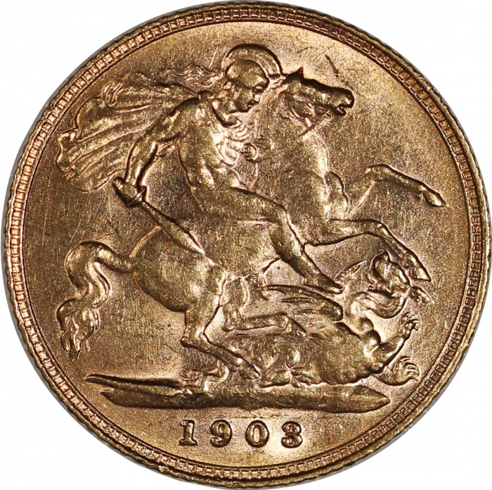  1903年英国半索维林金币，AU Great Britain, gold 1/2 sovereign, 1903, about uncirculated