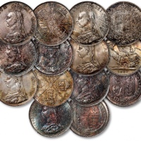  英国1887年维多利亚女王像3便士、6便士、1先令、1弗洛林、1/2克朗、2弗罗林、1克朗银币共计七枚全套，打制极为深峻，人像细节生动，底版光洁平整，原味欧洲五彩包浆，底光柔亮，状态极佳，带原盒，沪上