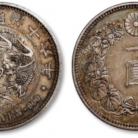  日本明治十六年一圆银币一枚，打制规范，图案立体，细节清晰，灰色老包浆，状态自然，极美品