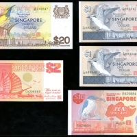  1976-91年新加坡纸币一组五枚，一至贰拾圆，编号F/94 693347-48、B/51 829884、A/53 249547及CU226083，均UNC（5） Singapore, a group