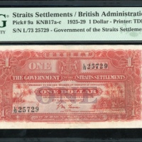  1927年肋屿押国库银票一圆，编号L/73 25729，PMG30 Straits Settlements, $1, 1 September 1927, serial number L/73 2572