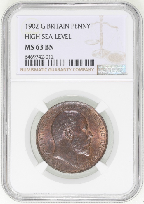 1902年英国1便士，NGC MS63BN，#6469742-012 Great Britain, 1 penny, 1902, high sea level,NGC MS63BN, #6469742
