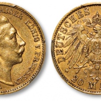  德国普鲁士1899年“皇帝威廉二世”像20马克金币一枚，打制规范清晰，金色纯正，状态自然，金盾PCGS AU55（37820619）