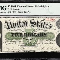  1861年5美元 PMG Gem Unc 65 EPQ 1861 $5 Demand Note