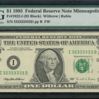  1995年美国一圆，编号I3233333D，PMG66EPQ United States, Federal Reserve Note Minneapolis, $1, 1995, serial num