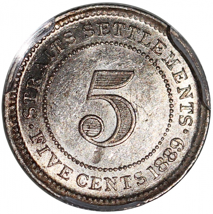  1889年海峡殖民地5仙，PCGS AU58，#44789221 Straits Settlements, 5 cents, 1889, PCGS AU58 #44789221