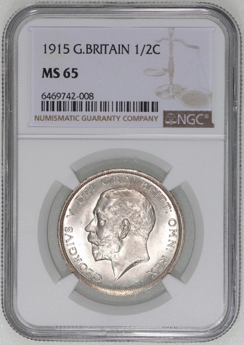  1915年英国半克朗银币，NGC MS65，#6469742-008 Great Britain, silver 1/2 crown, 1915, NGC MS65 #6469742-008.