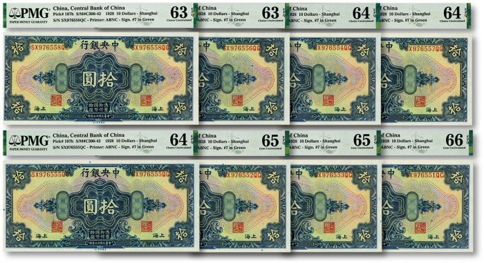  民国十七年（1928年）中央银行拾圆共8枚连号，上海地名，内含尾号“555”之豹子号，雕刻版纹路清晰，凹凸明显，色彩纯正，全新（其中1枚亚军分、2枚季军分、其余低评）