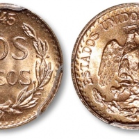  墨西哥1945年2比索铜币一枚，后铸，金盾PCGS MS67（86288056）