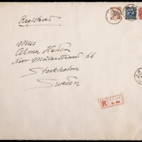  1933年北平寄瑞典斯文赫定大型封，贴农获图15分、宫门1元及谭院长纪念1元各一枚