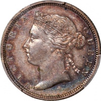  1879年香港维多利亚二毫，发行量20000枚，PCGS AU55，#46484172，虽分数不及前一项拍品，但本品双面均带彩虹包浆，夺目迷人，高分罕版美品，不容错过!