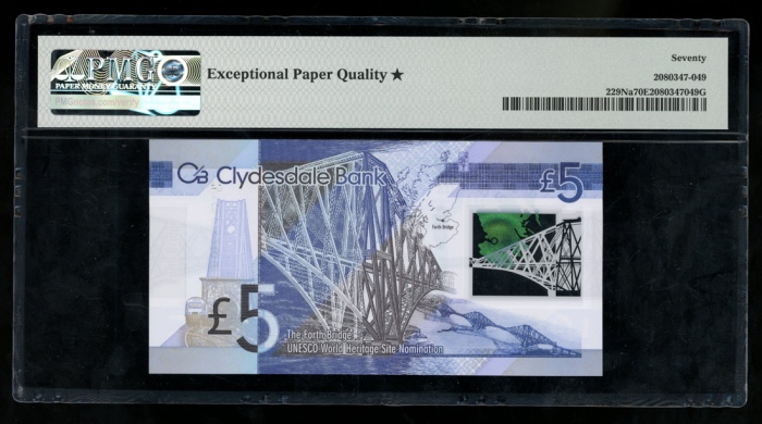 2015年克莱兹戴尔银行伍镑，编号FB/2 933658，PMG70EPQ★！ Clydesdale Bank, Scotland, 5 pounds, polymer, 2015, serial n