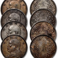  民国三年袁世凯像壹圆银币共四枚，打制规范，原味酱彩及灰色包浆，状态自然，分别为金盾PCGS VF35、XF40、XF45（87564384、87564414、87564461、87564397）