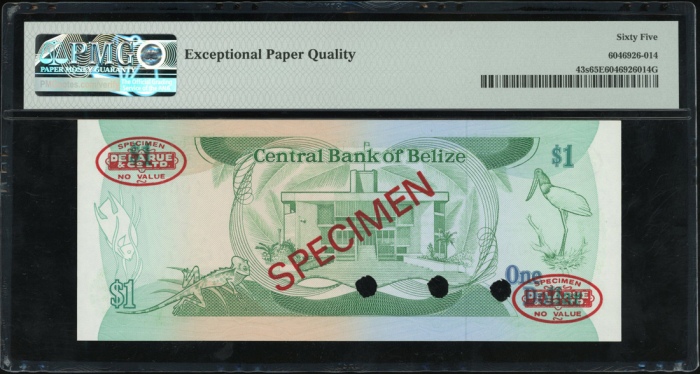  1983年贝里斯一圆样票，编号A/5 000000，PMG65EPQ Central Bank of Belize, specimen $1, 1983, serial number A/5 0000