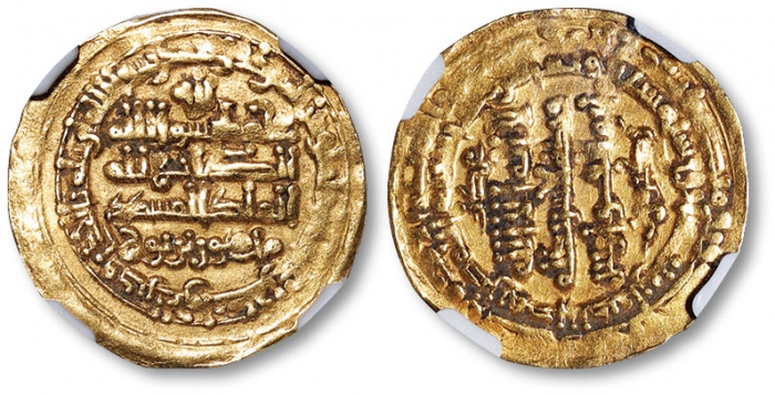  1008年波斯萨曼王朝君主“曼苏尔二世”时期第纳尔金币一枚，重：2.36g，NGC AU58（4972152-008）