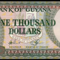  2011年盖亚那一仟圆，「幸运」编号AA888888，UNC Bank of Guyana, $1000, ND (2011), serial number AA888888, (Pick 39), 