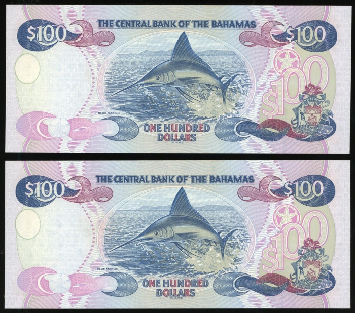  2000年巴哈马一佰圆两枚连号，编号P038920-21，均UNC（2） Central Bank of The Bahamas, consecutive pair of $100, 2000, se