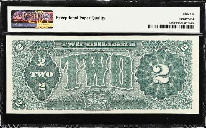  1890年国库券2美元 PMG Gem Unc 66 EPQ 1890 $2 Treasury Note