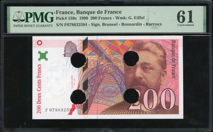  1999年法国贰佰法郎，编号F078632594，打洞註销，PMG61，少见 France, 200 francs, 1999, serial number F 078632594, cancelle