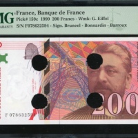  1999年法国贰佰法郎，编号F078632594，打洞註销，PMG61，少见 France, 200 francs, 1999, serial number F 078632594, cancelle