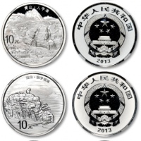  2013年黄山·人字瀑、玉屏楼、玉屏楼、猴子观海1盎司银币共4枚，NGC PF69 ULTRA CAMEO（3363125-018、3363125-048）、NGC PF70 ULTRA CAMEO（