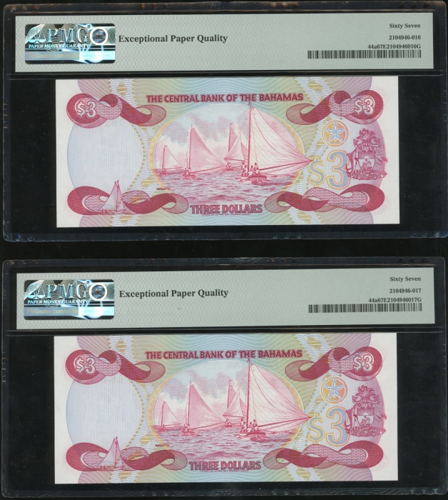  1974（1984）年巴哈马叁圆五枚连号，编号A614031-035，均PMG67EPQ（5） The Central Bank of Bahamas, a consecutive group of 