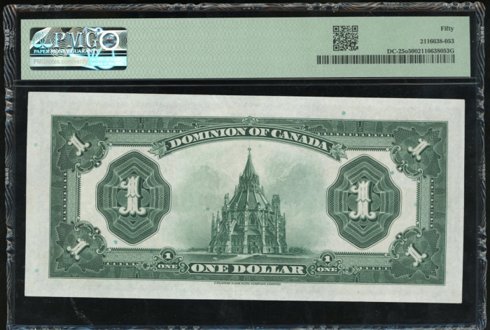  1923年加拿大一圆，编号E5758420，PMG50 Dominion of Canada, $1, 1923, serial number E5758420, (DC-25o), PMG 50.