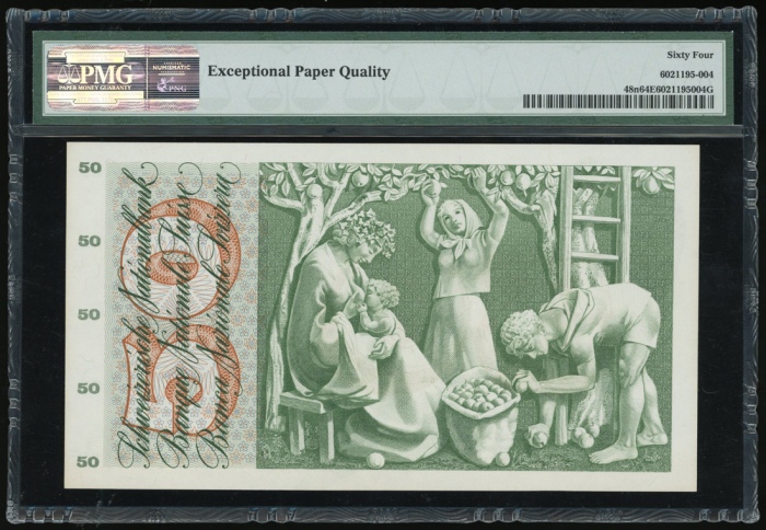  1974年瑞士伍拾法郎，编号46F 12085，PMG64EPQ Switzerland, 50 franken, 1974, serial number 46F 12085, (Pick 48n),