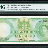  1976年斐济一镑，编号C/22 160287，PMG50 Fiji, £1, 1967, serial number C/22 160287, (Pick 53i), PMG 50.