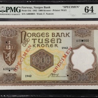  1942年挪威银行1000克朗票样 PMG Choice Unc 64 NORWAY. Norges Bank. 1000 Kroner