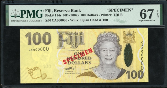  2007年斐济一佰圆样票，编号CA000000，PMG67EPQ Fiji, Reserve Bank, $100, specimen, ND (2007), serial number CA0000