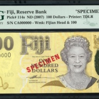  2007年斐济一佰圆样票，编号CA000000，PMG67EPQ Fiji, Reserve Bank, $100, specimen, ND (2007), serial number CA0000
