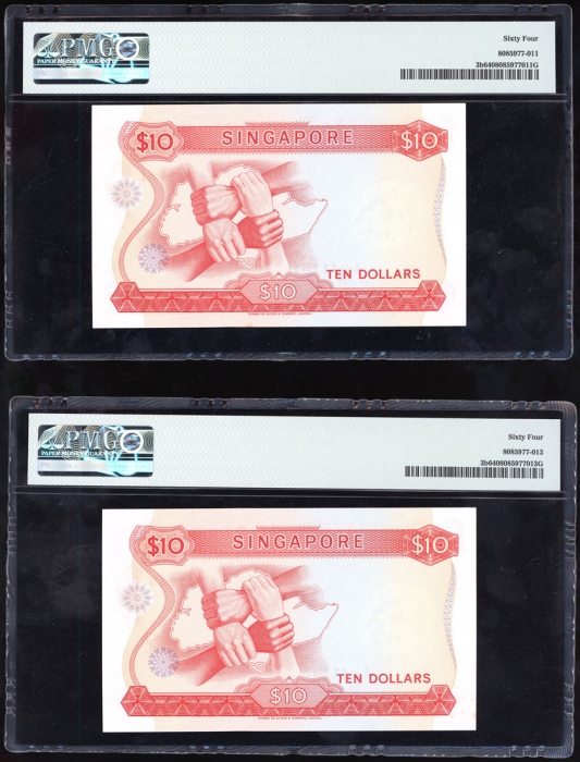  1970年新加坡拾圆一组两枚，兰花系列，编号A/70 941151及A/70 941153，均PMG64（2） Singapore, a pair of $10, ND(1970), close se