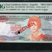  1988-93年东加勒比一佰圆样票，编号A000000U，PMG67EPQ Eastern Caribbean Central Bank, specimen $100, ND (1988-93), s