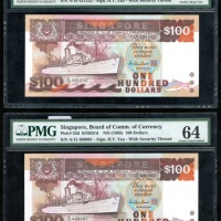  1985年新加坡一佰圆一组两枚，编号A/15 400081及A/18 421232，均PMG58-64（2） Singapore, a pair of $100, ND(1985), serial n