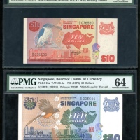  1979年新加坡拾、伍拾圆各一枚，均PMG64-65EPQ（2） Singapore, $10 and $50, ND (1979), (Pick 11a, 13a), PMG 65EPQ, 64 (