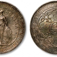  1900年香港不列颠尼亚女神站像壹圆银币一枚，打制规范清晰，深灰色五彩包浆，底光柔亮，状态上佳，近未至完全未使用品